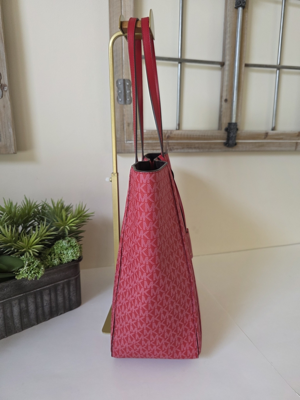Michael Kors Sinclair Large Pleated Shopper Tote Crimson Red Signature Logo - Picture 5 of 10